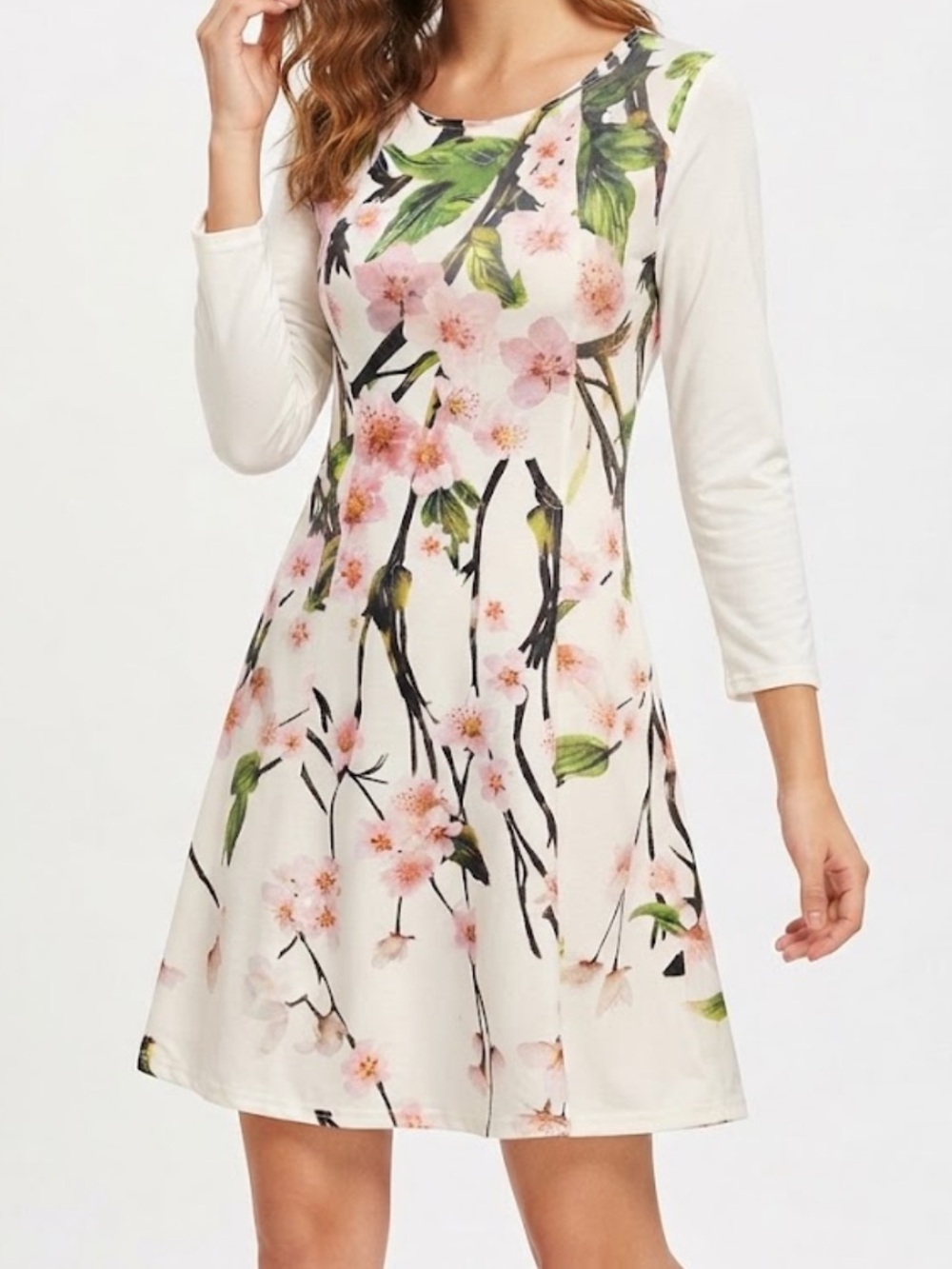 Women’s Korean Floral Print A-Line Dress in Cream and Pink Size Medium